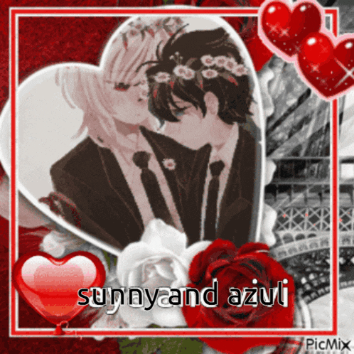 a picture of a man and woman kissing with the name sunny and azul