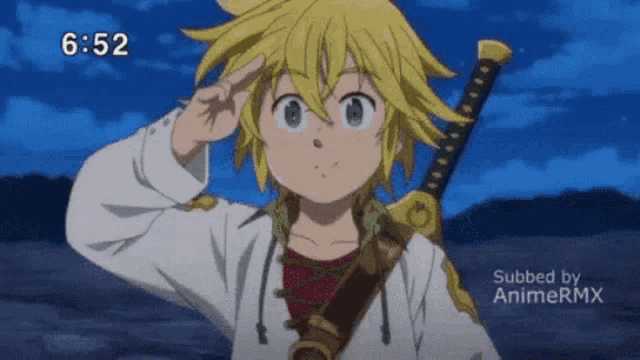 a cartoon character salutes while holding a sword with the time 6:52
