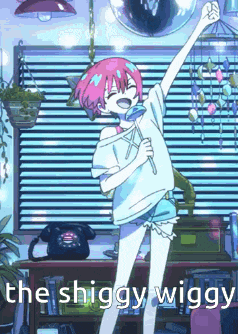 a girl with pink hair is dancing in a room with the words the shiggy wiggy written on the bottom .