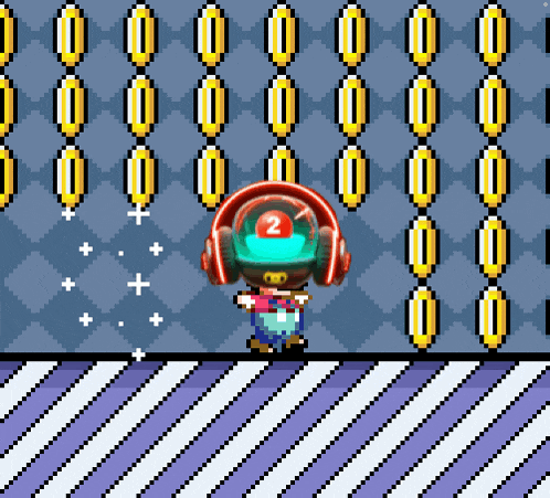 a pixel art of a person wearing headphones with the number 2 on their head