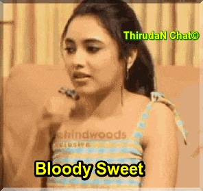 a woman sitting on a couch with the words bloody sweet below her