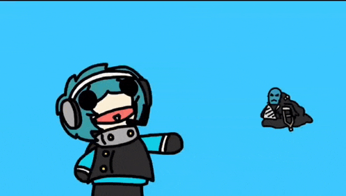 a cartoon of a person wearing headphones looking at a person laying on the ground