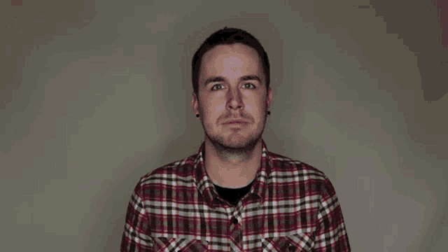 a man in a plaid shirt is making a funny face and looking at the camera .