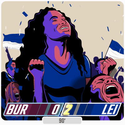 a cartoon drawing of a woman holding a flag and a scoreboard that reads bur 0 2 lei 90
