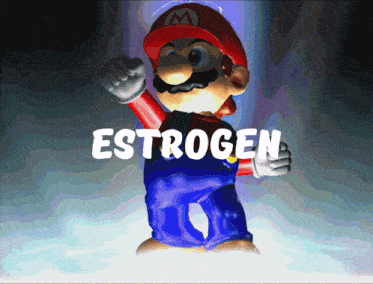 a mario character is standing in front of a sign that says " estrogen "