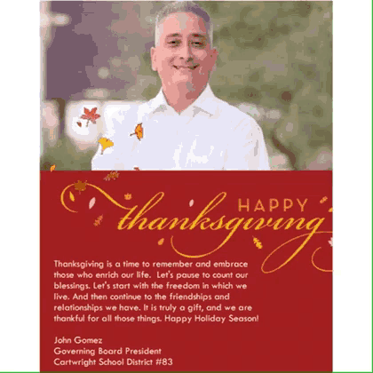 a happy thanksgiving message from john gomez governing board president of cartwright school district # 83