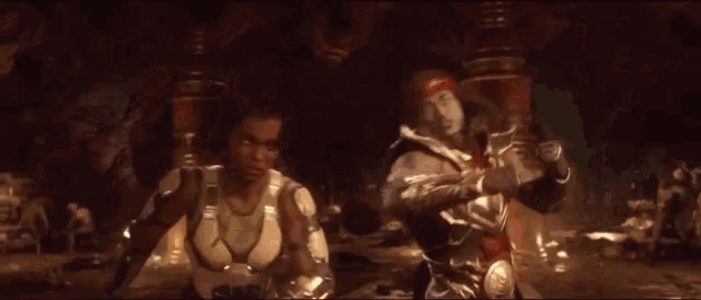 two video game characters are standing next to each other in a room