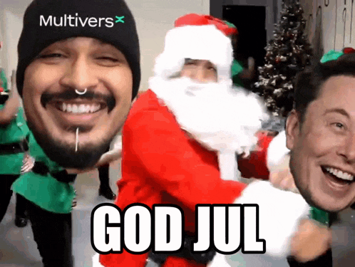 a man wearing a multivers hat is standing next to a man dressed as santa