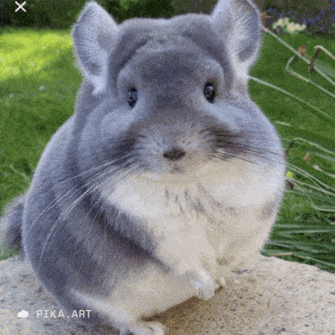 a gray and white chinchilla sitting on a concrete surface with pika art written on the bottom right