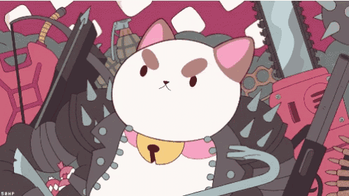 a cartoon drawing of a cat surrounded by weapons with the letters sbhp at the bottom