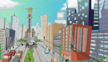 a cartoon drawing of a city with a statue in the center