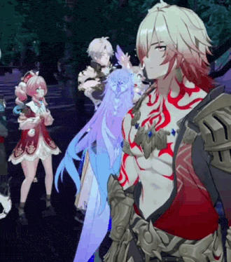 a group of anime characters standing next to each other in a dark forest .