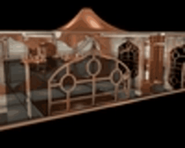 a 3d model of a building with a copper roof and a copper railing .
