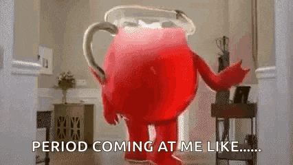 a red ketchup bottle with arms and legs is standing in a room with the words `` period coming at me like '' .