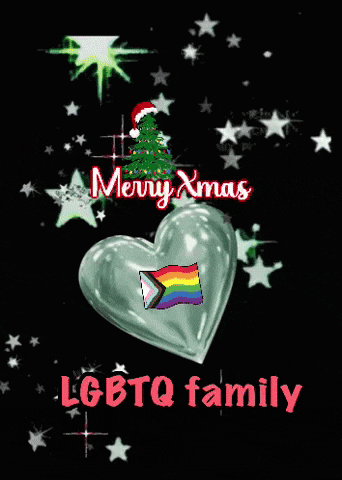 a merry xmas lgbtq family card with a heart and a rainbow flag