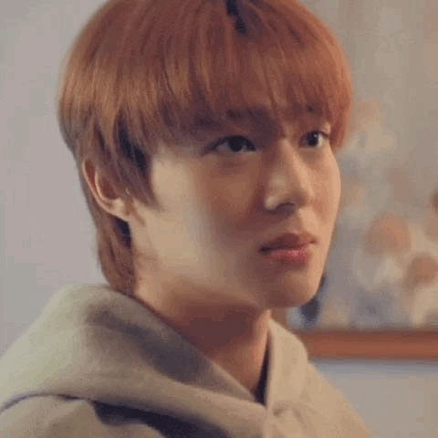 a close up of a person 's face with red hair and a hoodie on .