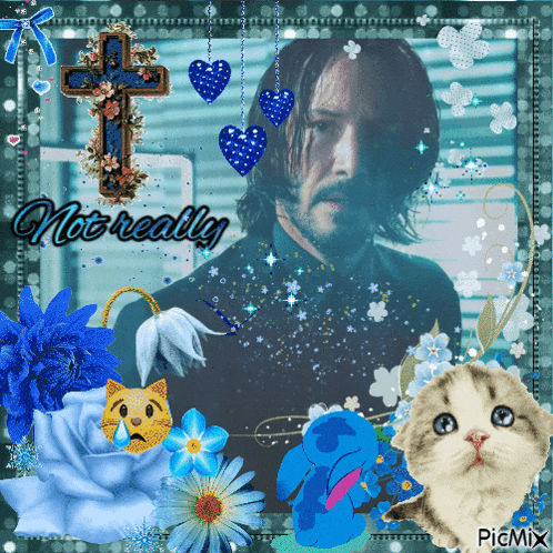 a picture of keanu reeves is surrounded by blue flowers and a cat