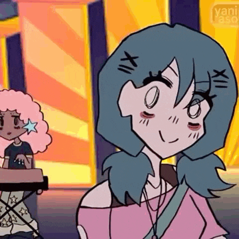a cartoon girl with blue hair is standing next to a girl with pink hair and a keyboard .