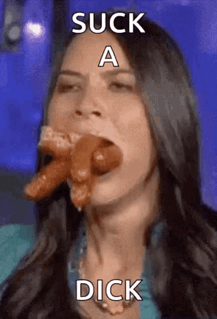 a woman is eating a sausage with the words suck a dick written above her .