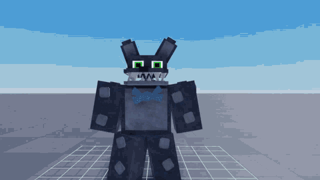 a cartoon character with a blue bow tie is standing on a white grid