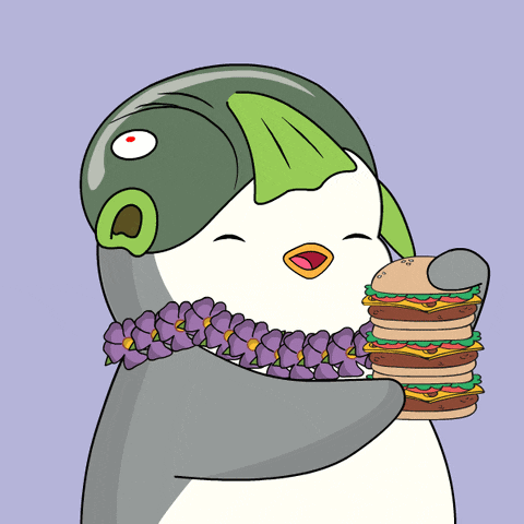 a cartoon of a penguin holding a hamburger with purple flowers around his neck