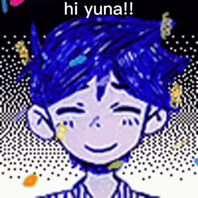 a cartoon character with blue hair is smiling with the words `` hi yuna '' written above him .
