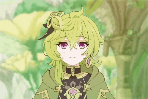 a girl with green hair and purple eyes is wearing a green cloak