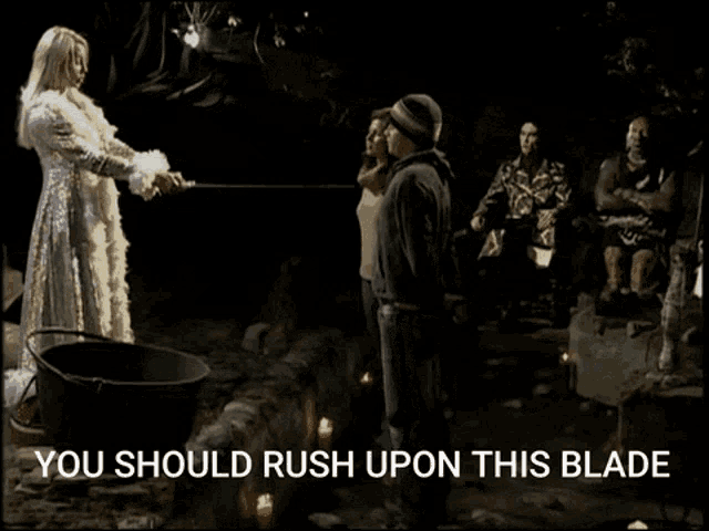 a woman in a white dress is holding a sword in front of a group of people with the caption you should rush upon this blade