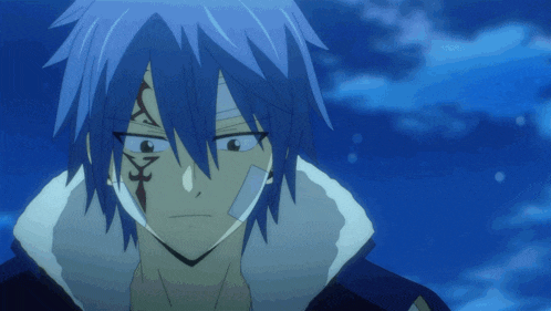 a blue haired anime character has a tattoo on his face that says " x "