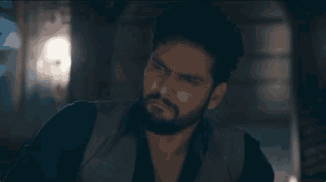 a man with a beard is wearing a black shirt and a grey vest .