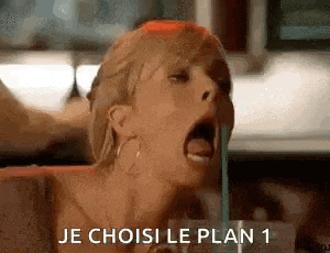 a woman is drinking a drink with a straw in her mouth and the words `` je choisis le plan 1 '' .