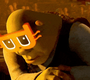 shrek is wearing a pair of sunglasses with the letter u on them