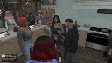 a group of people are standing in a kitchen in front of a display of doughnuts
