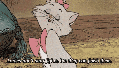 a cartoon of a cat with a pink bow and the words " ladies don 't start fights but they can finish them "