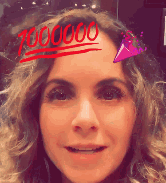 a woman 's face has the number 700000 written on it