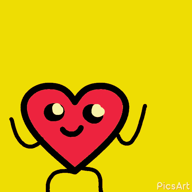 a cartoon drawing of a heart with arms and legs on a yellow background