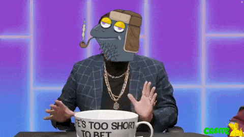 a cartoon character is sitting at a table with a cup that says " it 's too short to bet " on it