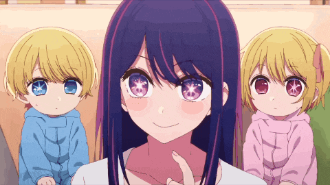 a girl with purple hair is smiling in front of two other girls