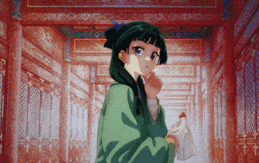 a girl with green hair is standing in a hallway holding a piece of paper