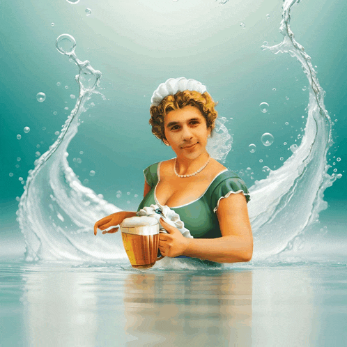 a woman in a maid costume is holding a beer mug