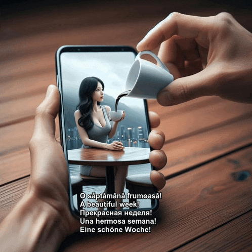 a phone with a picture of a woman sitting at a table pouring coffee into it