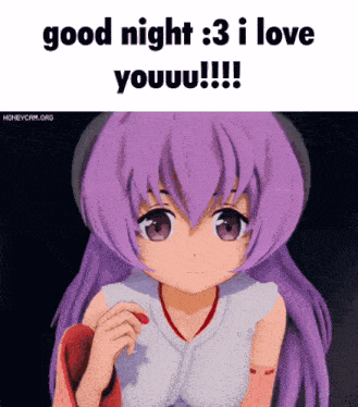 a picture of a girl with purple hair that says good night 3 i love youuu !!!