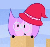 a pink cartoon character wearing a red hat and glasses
