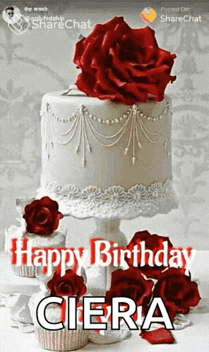 a white cake with a red rose on top and the words happy birthday ciera