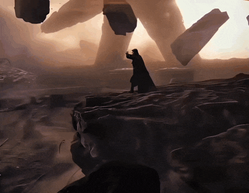 a painting of a man standing on top of a rocky hill with a giant in the background