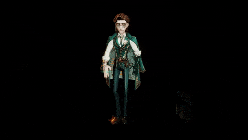 a 3d model of a man in a suit and tie is standing in the dark .
