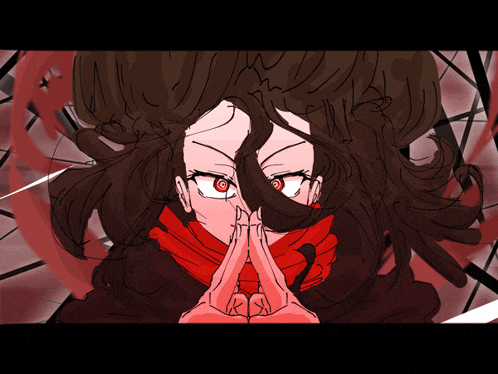 a drawing of a woman with red eyes and a red scarf around her neck