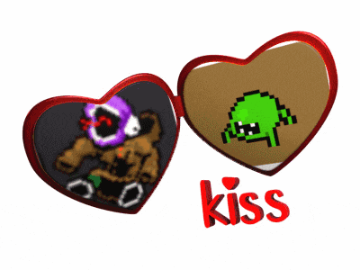 a picture of two hearts with the word kiss in red