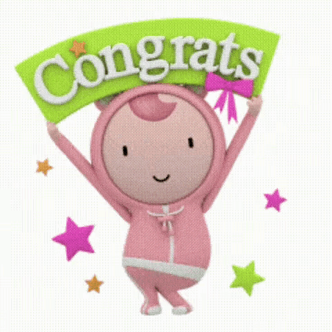a cartoon character is holding up a green sign that says congrats