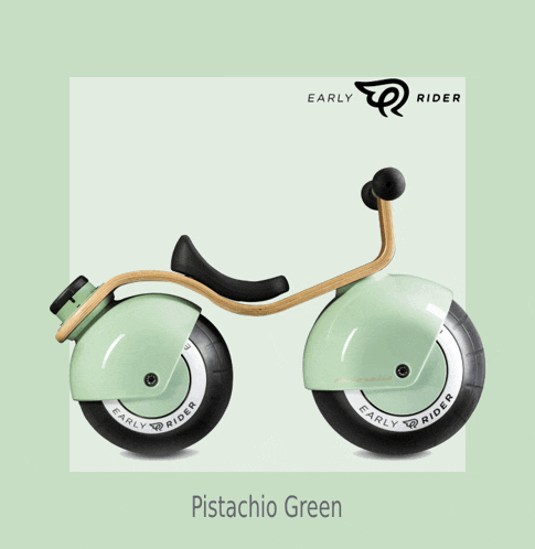 a pistachio green early rider bike with a wooden frame
